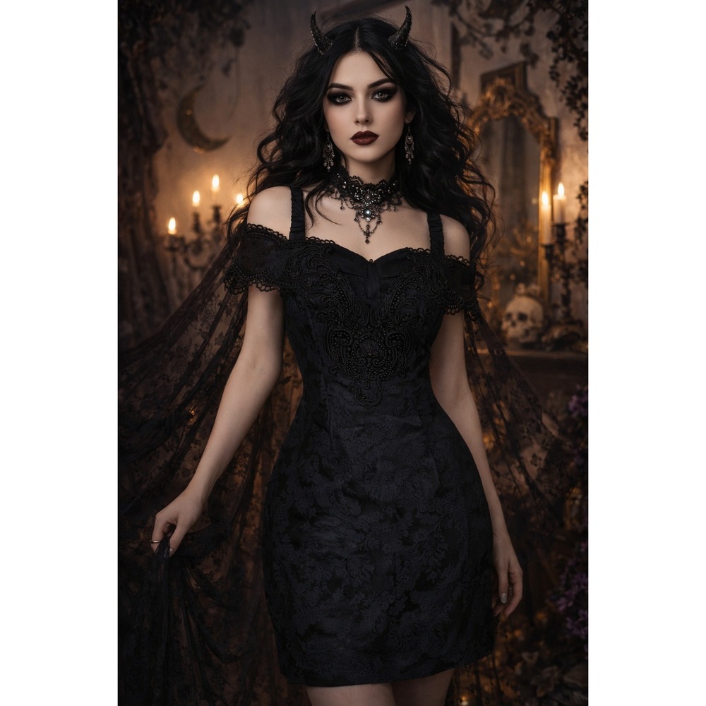 Scott McClintock Vintage Black Lace Beaded Off Shoulder Cocktail‎ Dress Size 6